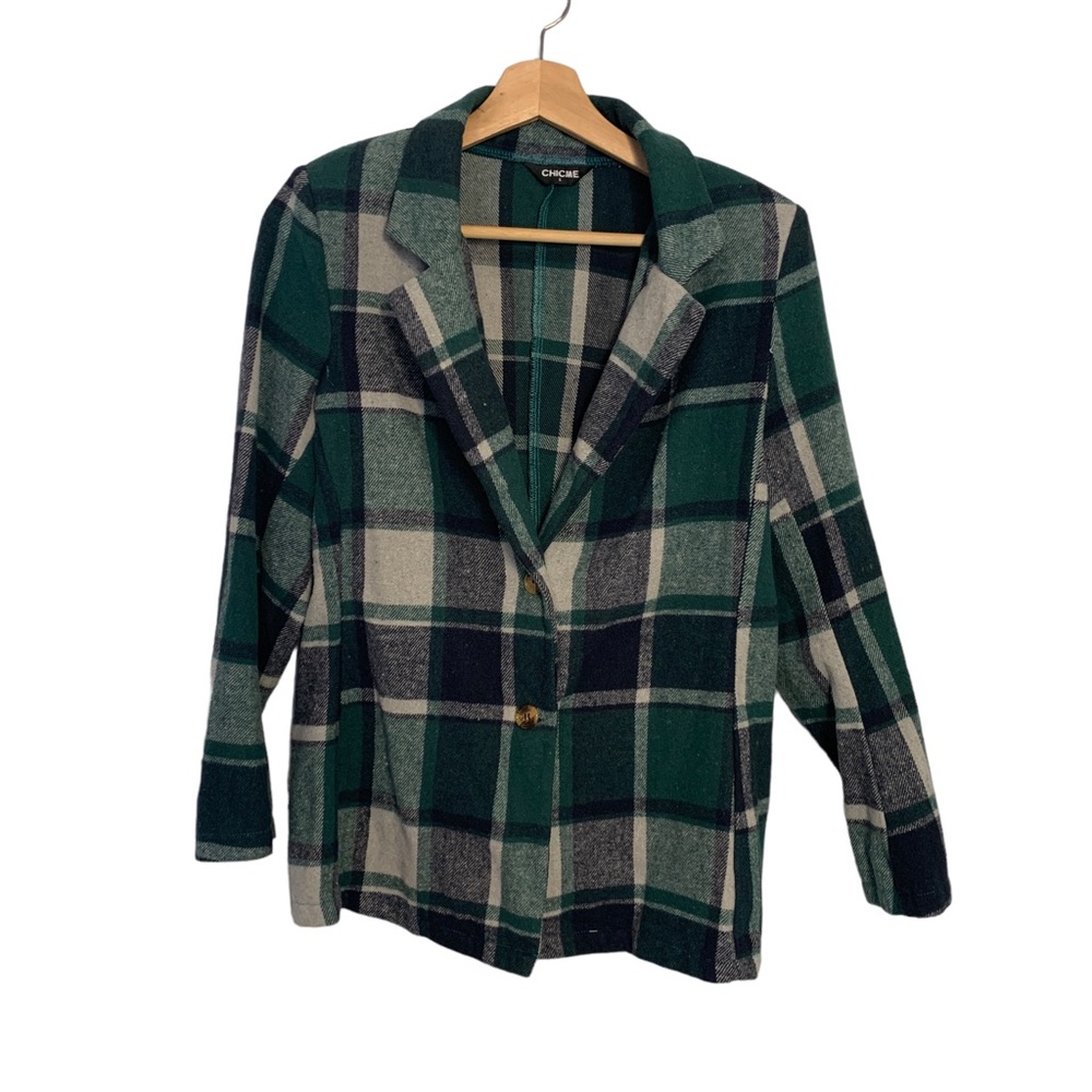 Chic Me Green Plaid Long Sleeve Casual 2 Button Blazer Jacket Size Women…
